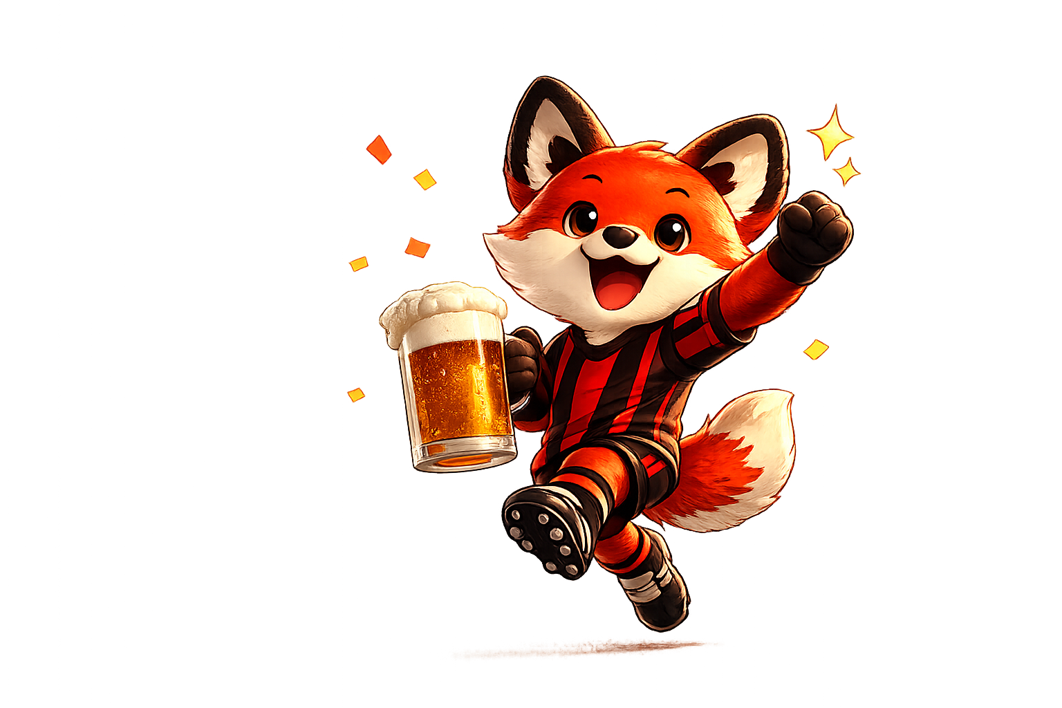Mascote do RedFox comemorando com uma caneca de chope